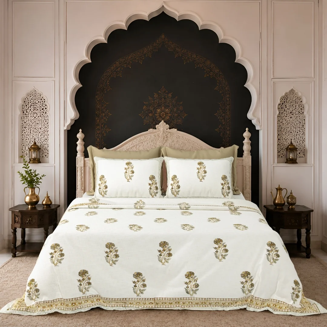 Brown Floral Hand Block Printed Cotton Double Bedcover-Jaipur Wholesaler