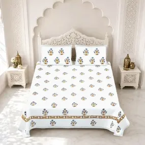 Royal Blue Flower Block Printed Cotton Bedsheet