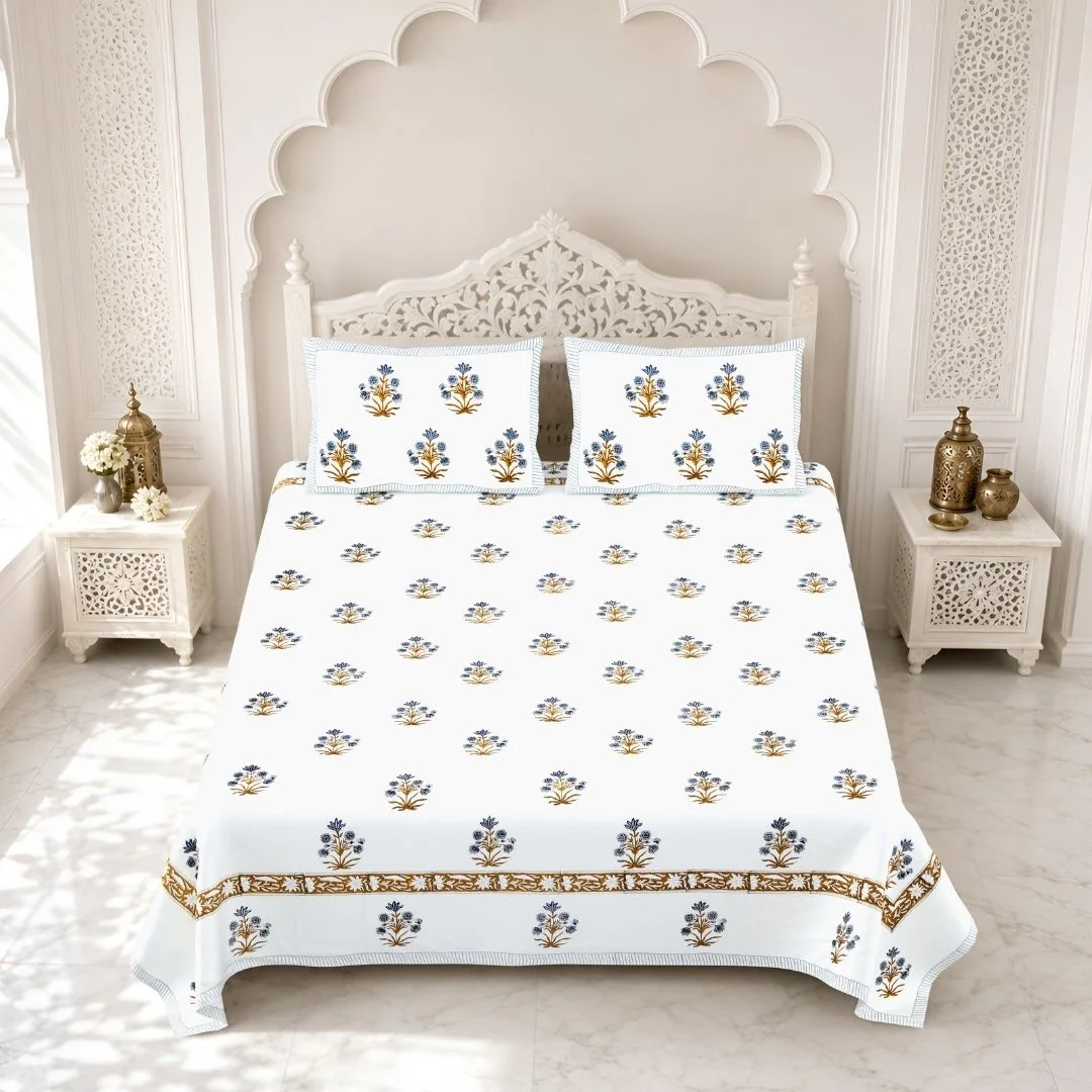 Royal Blue Flower Block Printed Cotton Bedsheet