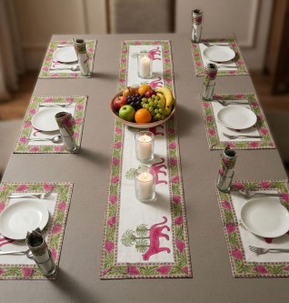 Pink Tiger Printed White Table Runner Set