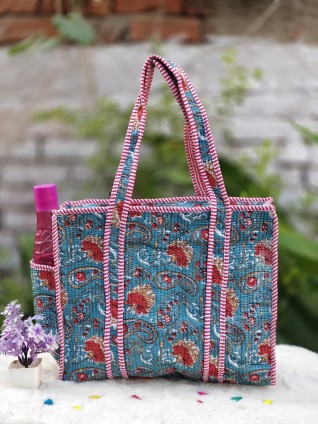 Pink Striped Floral Tote Bag