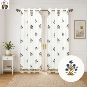 Blue Floral Hand Block Print Cotton Curtains