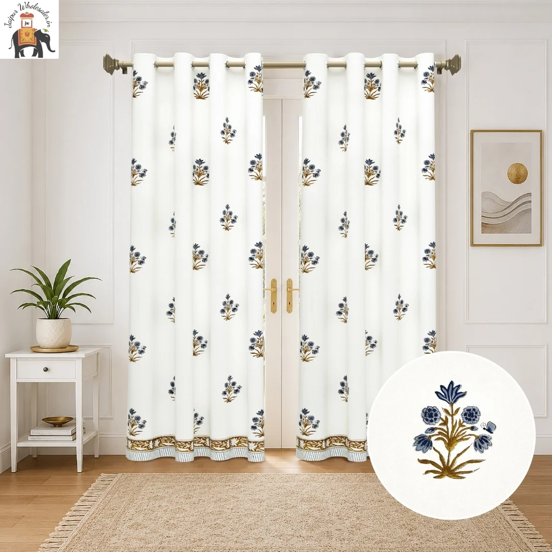 Blue Floral Hand Block Print Cotton Curtains