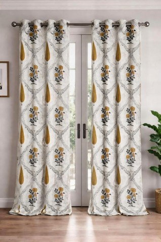 Mustard Printed White Curtains
