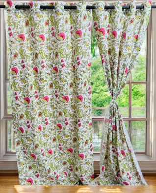 Green and Pink Printed White Curtains