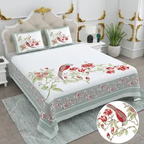 Red Bird and Flower Printed White Cotton Bedsheet