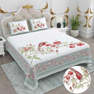 Red Bird and Flower Printed White Cotton Bedsheet