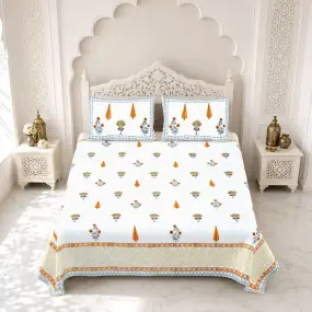 Orange Floral Hand Block Design Cotton Bedsheet