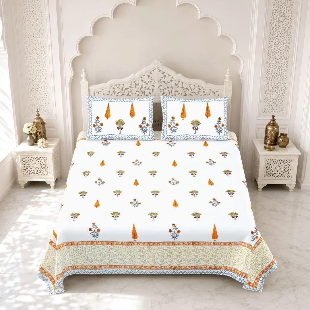 Orange Floral Hand Block Design Cotton Bedsheet
