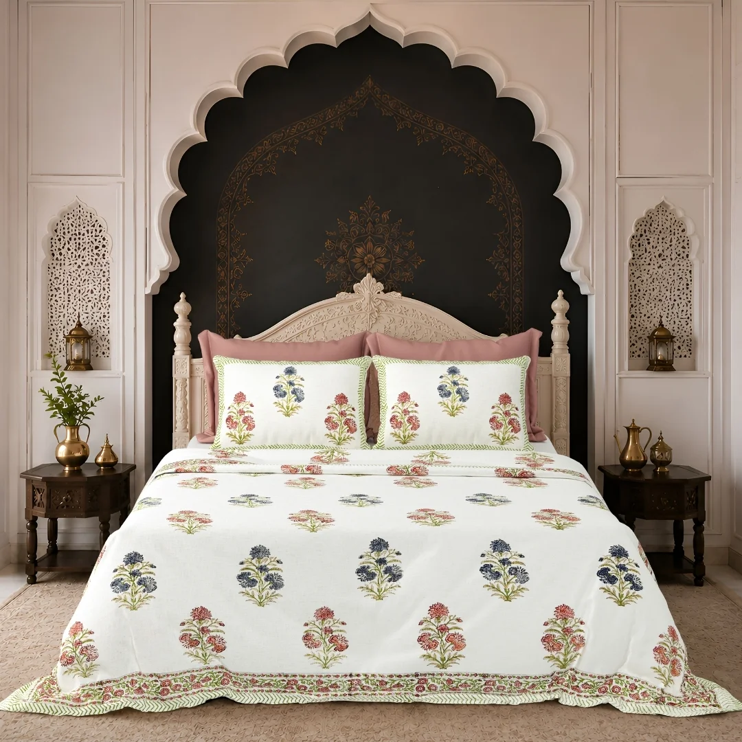 Red And Blue Flower Hand Block Printed Cotton Bed Cover-Jaipur Wholesaler