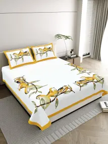 Yellow Bird Printed White Cotton Bedsheet
