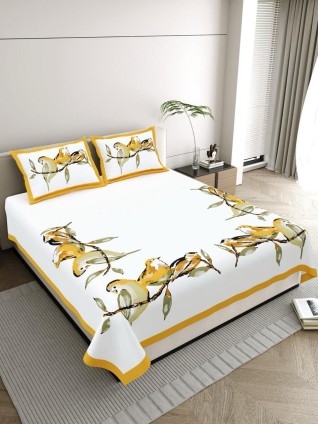 Yellow Bird Printed White Cotton Bedsheet