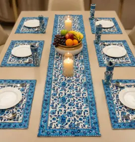 Blue Floral Printed White Table Runner Set