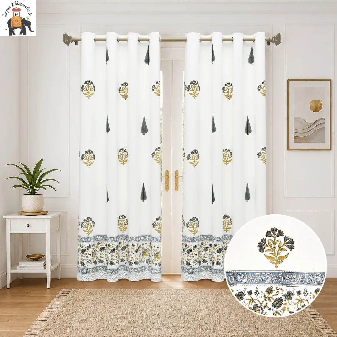 Sanganeri Blue Floral Hand Block Print Cotton Curtains