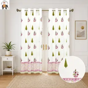 Pink Floral Hand Block Print Cotton Curtains