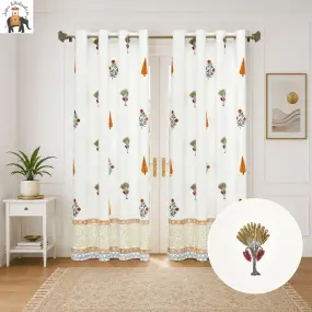 Orange Floral Hand Block Print Cotton Curtains