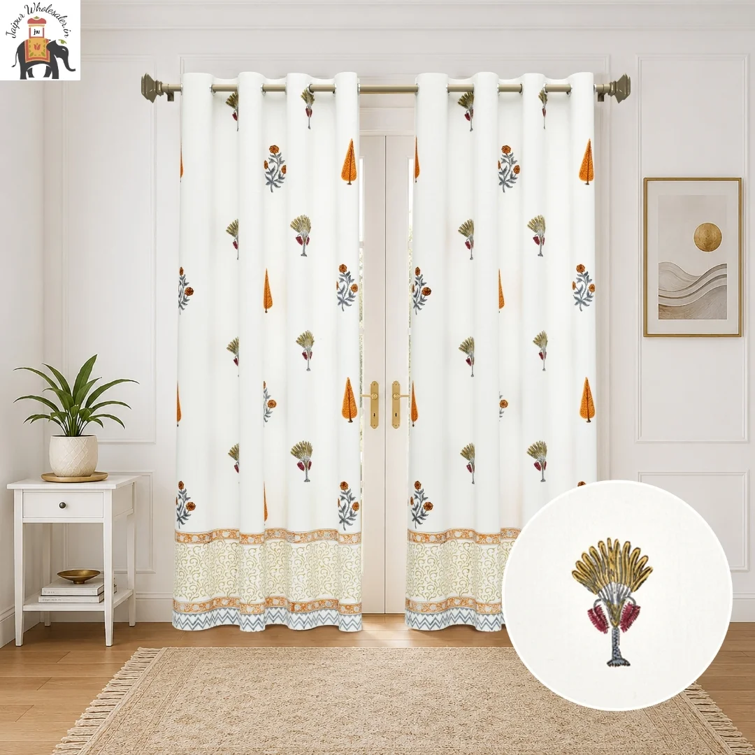 Orange Floral Hand Block Print Cotton Curtains