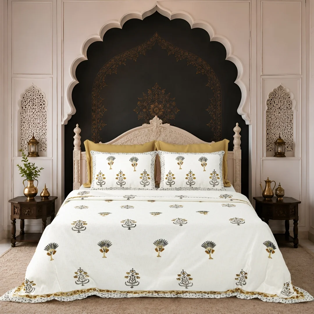 Blue Golden Flower Hand Block Printed Cotton Bedcover-Jaipur Wholesaler