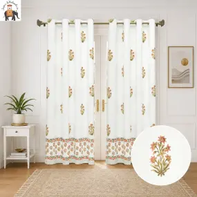 Peach And Green Floral Hand Block Print Cotton Curtains
