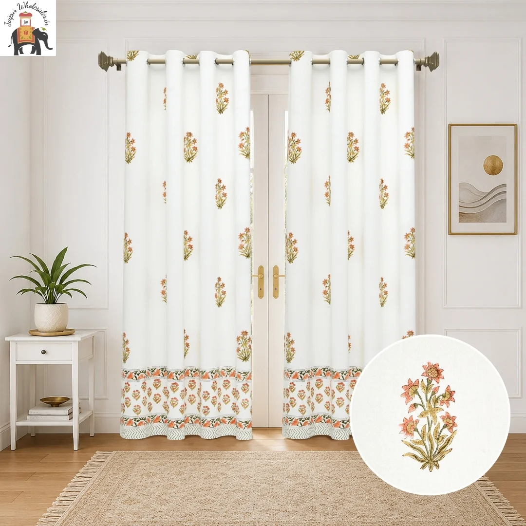 Peach And Green Floral Hand Block Print Cotton Curtains
