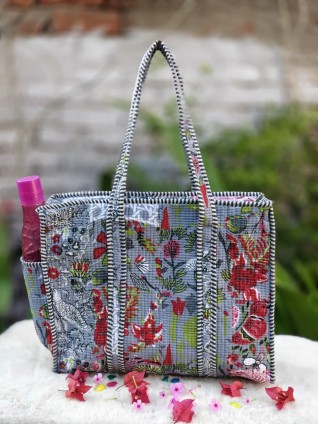 Grey Floral Printed Tote Bag