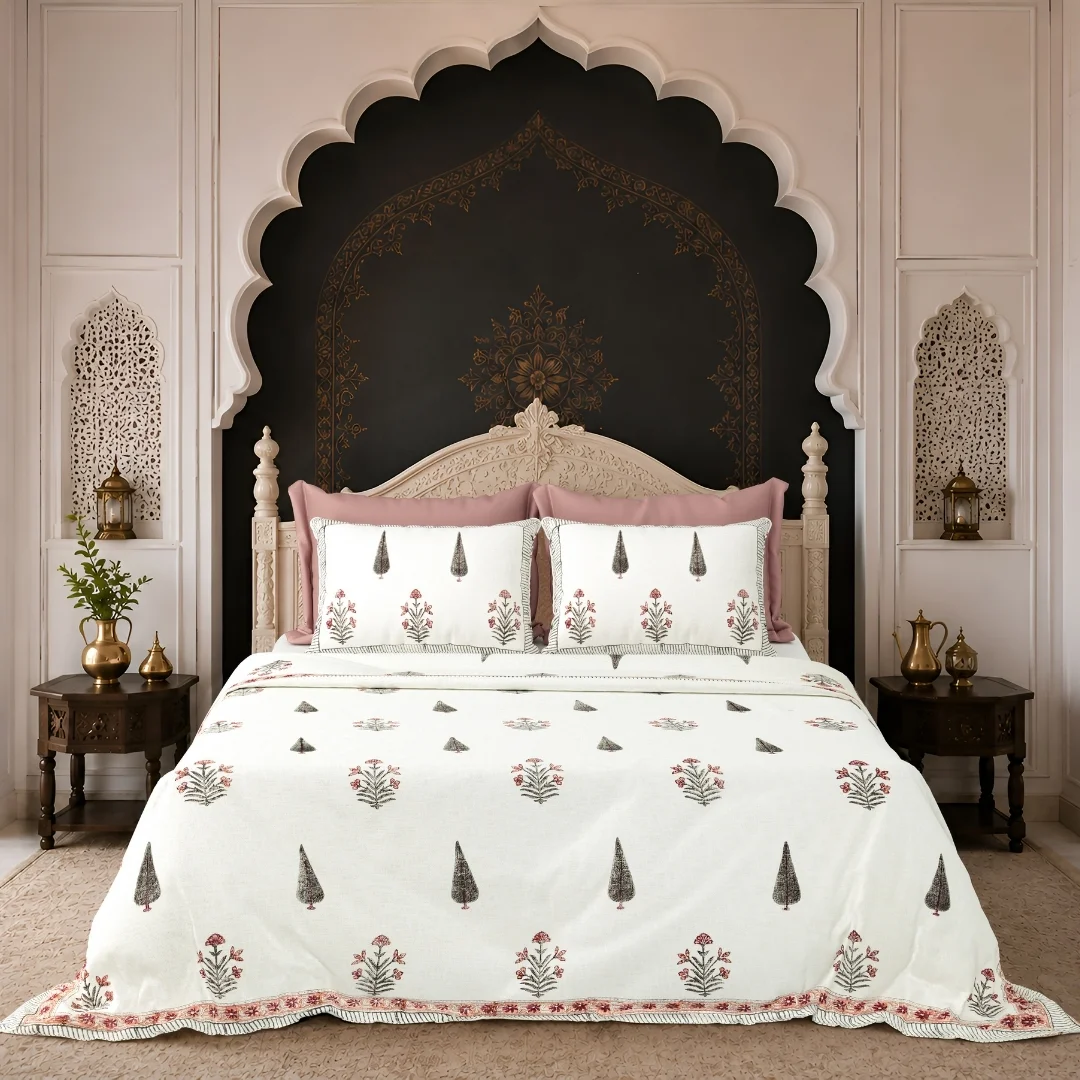 Red Floral Hand Block Printed Cotton Bedcover-Jaipur Wholesaler