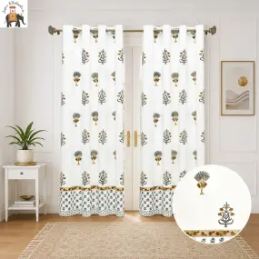 Yellow Floral Hand Block Print Cotton Curtains