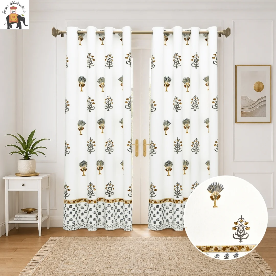 Yellow Floral Hand Block Print Cotton Curtains