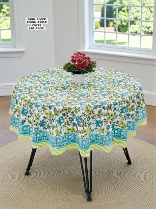 Yellow and Blue Printed White Table Cover