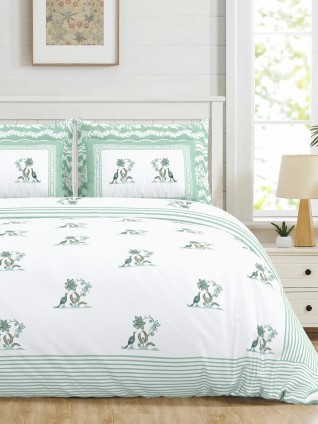 Light Green Hand Screen Print Cotton Bedsheet 100x108-Jaipur Wholesaler