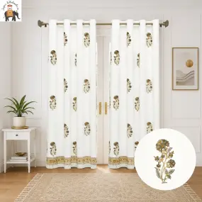 Brown Floral Hand Block Print Cotton Curtains