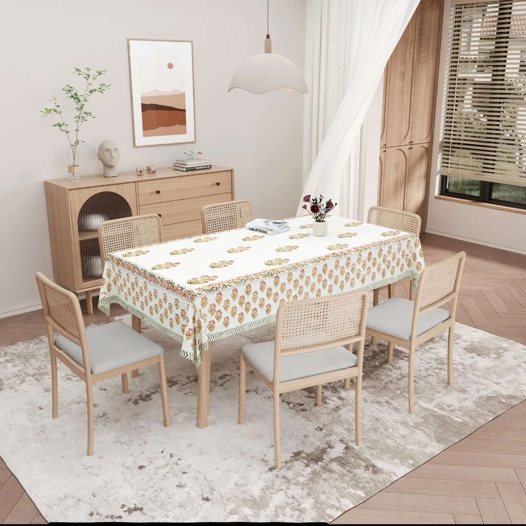 Peach Flower Block Printed Cotton Table Cover-Jaipur Wholesaler
