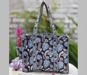 Brown Color Blue Floral Print Tote Bag