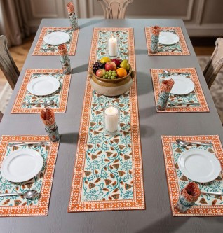 Blue Printed Orange Table Runner Set