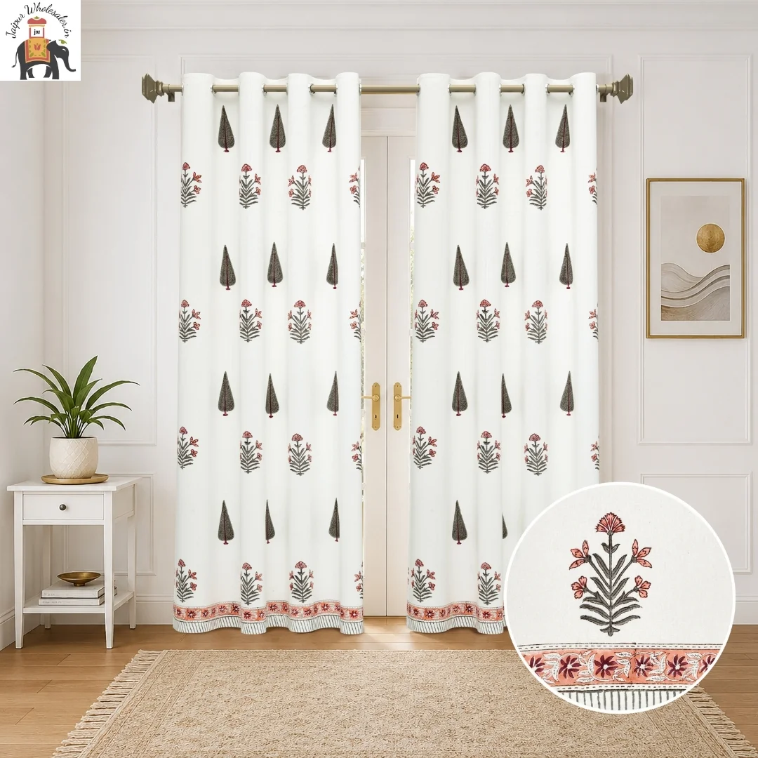 Peach Floral Hand Block Print Cotton Curtains