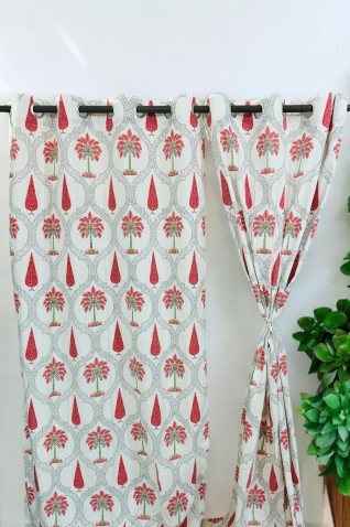 Red and Green Printed White Curtains