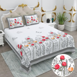 White Floral Printed Cotton Bedsheet
