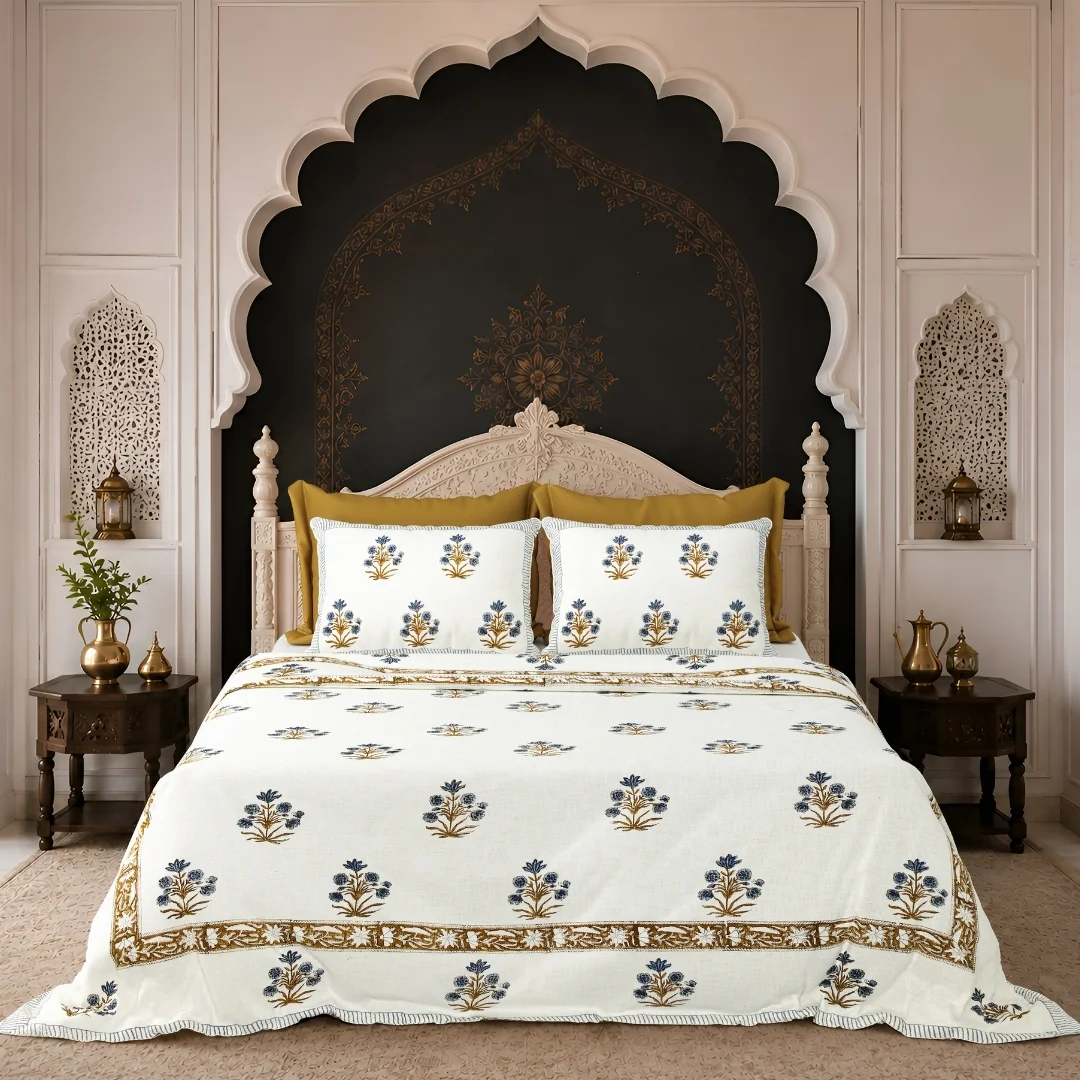Blue Floral Hand Block Printed Cotton Bedcover-Jaipur Wholesaler