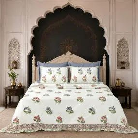 Blue And Red Flower Hand Block Printed Cotton Bedcover-Jaipur Wholesaler