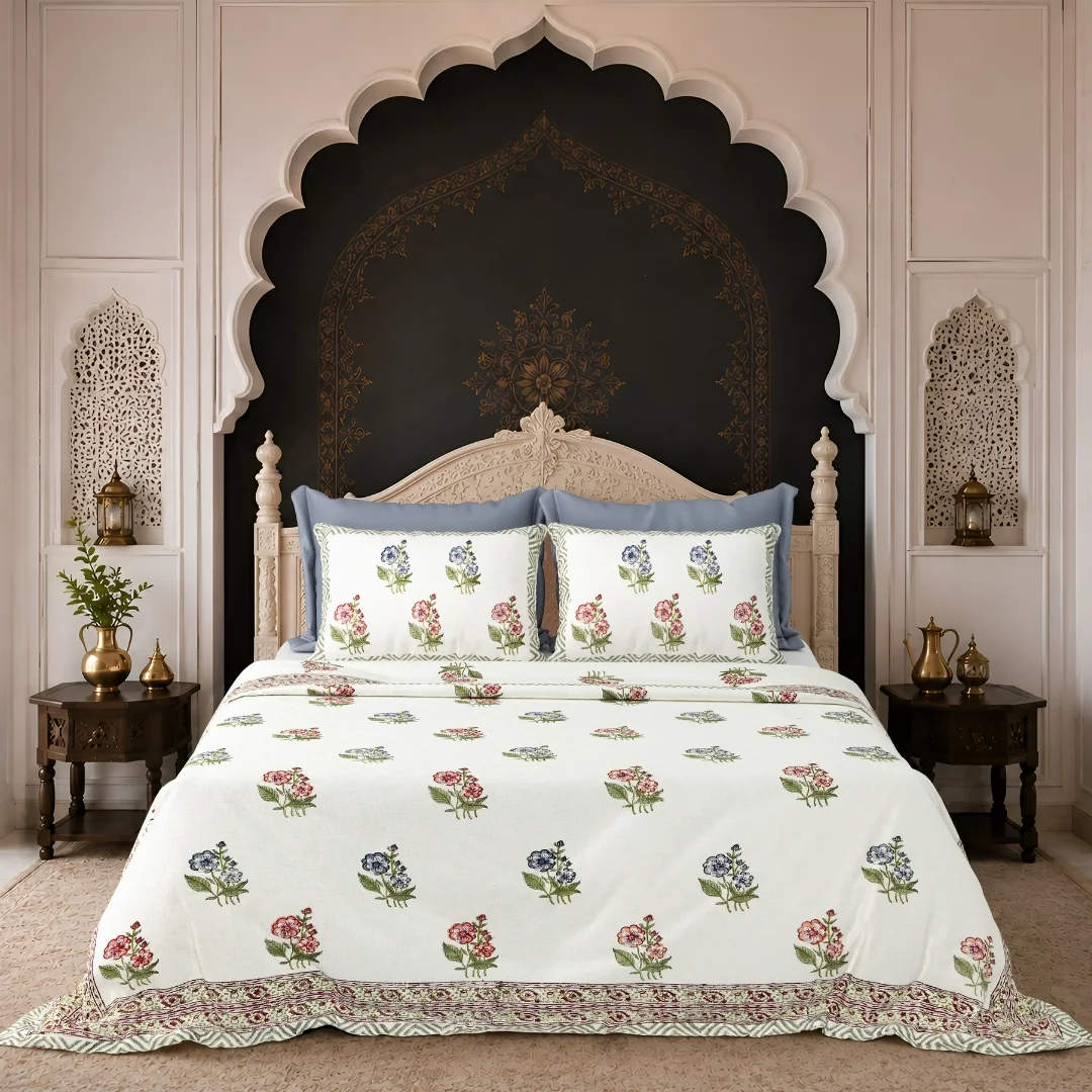 Blue And Red Flower Hand Block Printed Cotton Bedcover-Jaipur Wholesaler