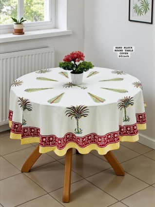 White Cotton Round Table Cover in Red Print