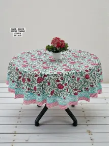 Blue and Red Floral Printed White Table Cover