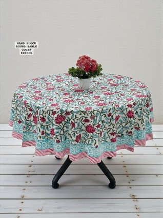 Blue and Red Floral Printed White Table Cover