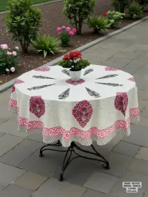 Hand Block Round Printed White Table Cover