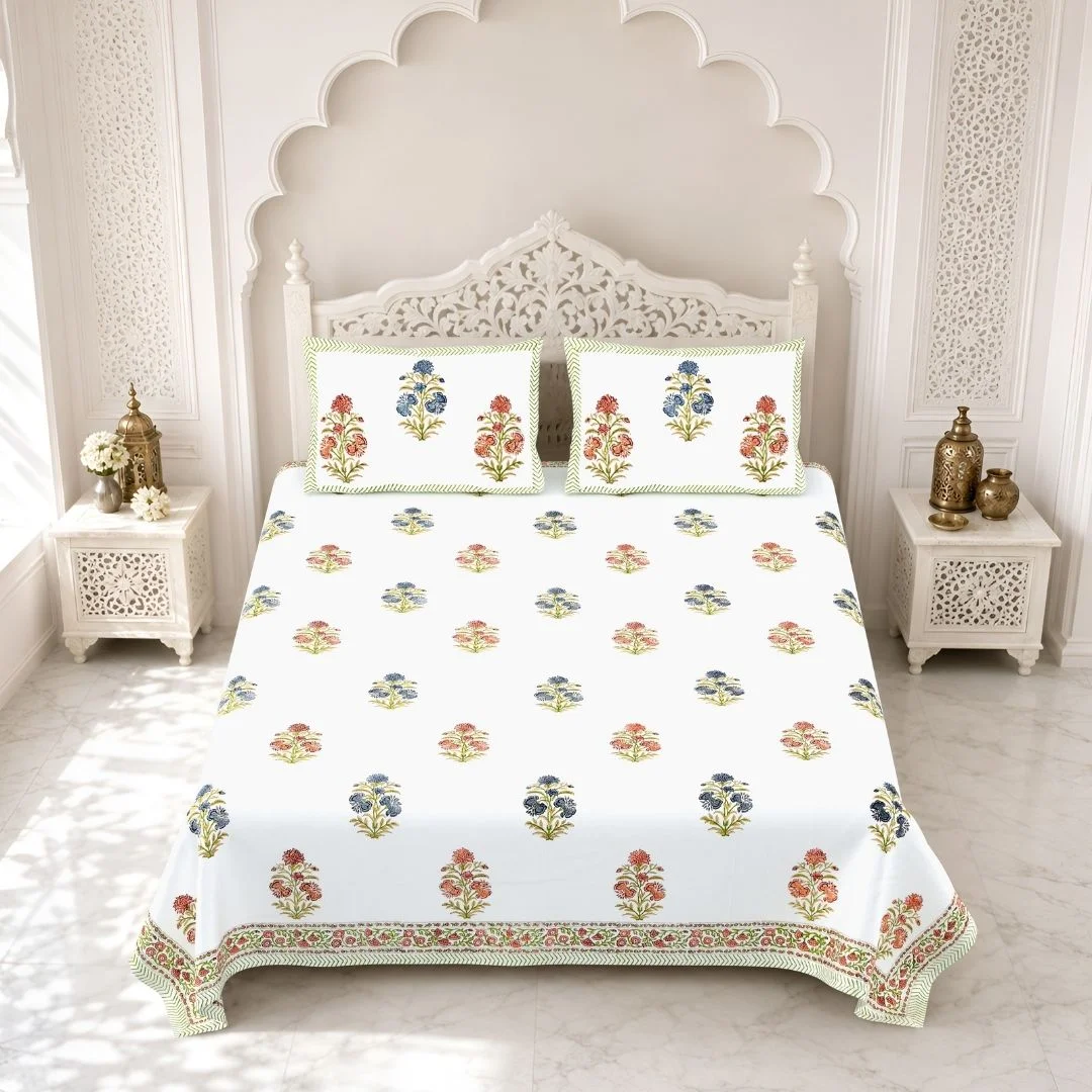 Red And Blue Flower Block Printed Cotton Bedspread