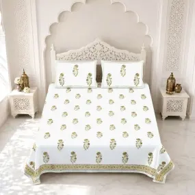 Big Golden Flower Block Printed Pure Cotton Bedsheet