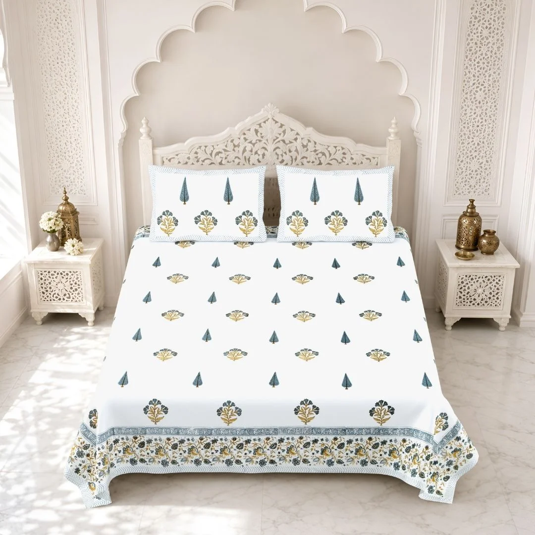Blue Flower Block Printed Cotton Bedspread