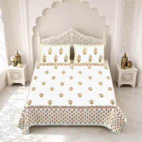 Peach Floral Block Printed Pure Cotton Bedsheet