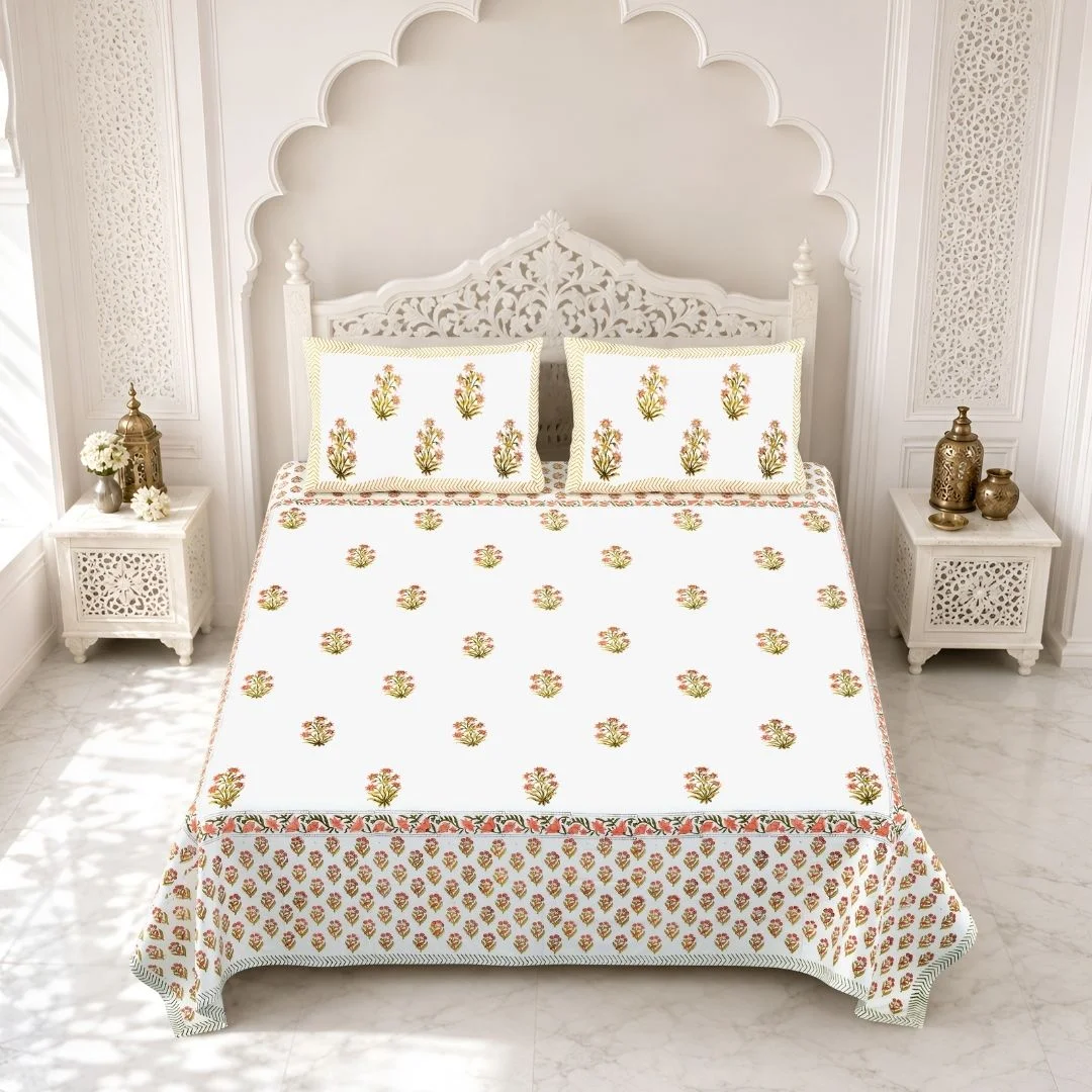 Peach Floral Block Printed Pure Cotton Bedsheet