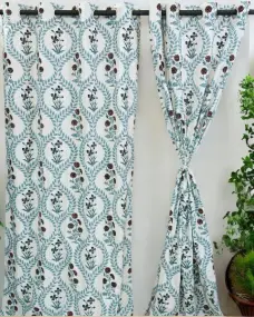 Blue Flower Print White Curtains